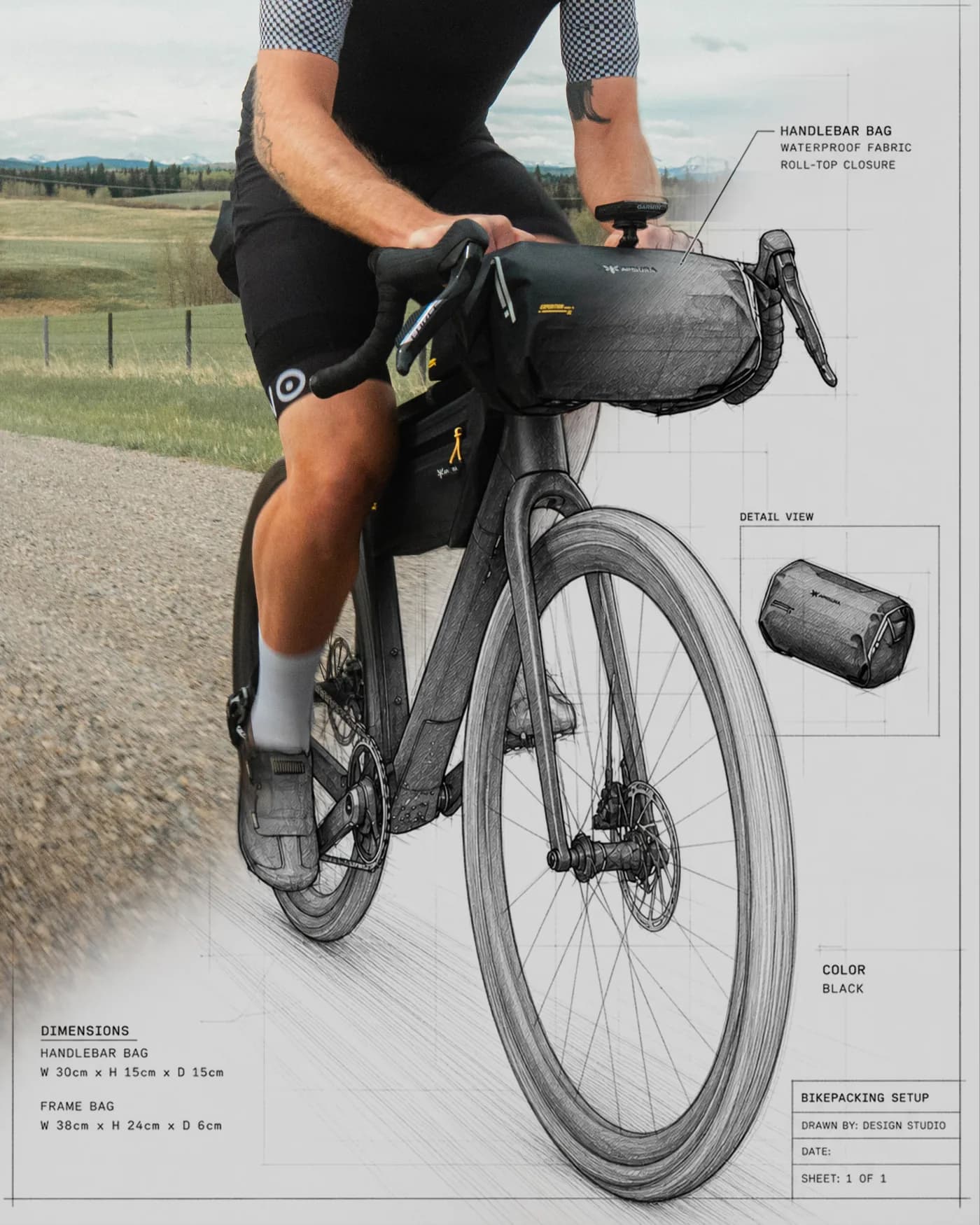Carousel slide 1 — Apidura bikepacking setup, half photo, half technical sketch